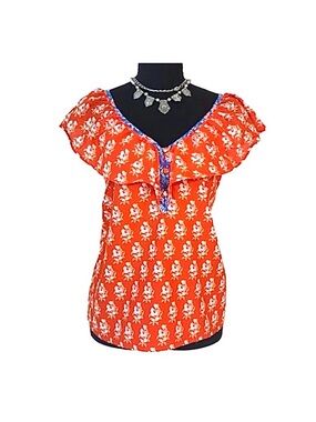 J. CREW ~ Red Floral Ruffled Top w/White Flower Print Blue Trim Details Lined